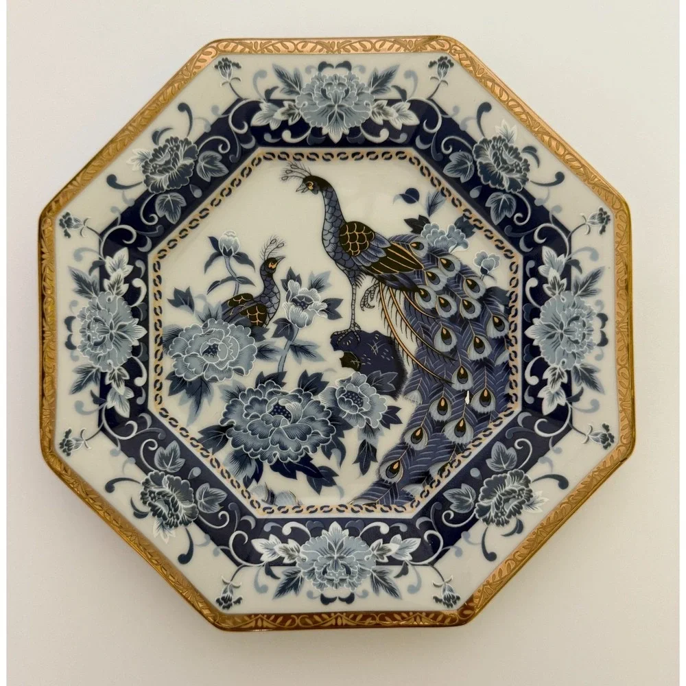 Vintage Eiwa Japan Peacock & Peony Raised Enamel Blue Octagon Plate Gold Trim 7½